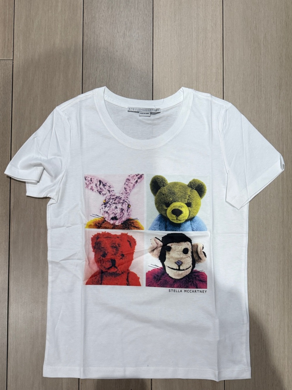 Stella McCartney Women White Tee with Colorful Teddy Patch Grid